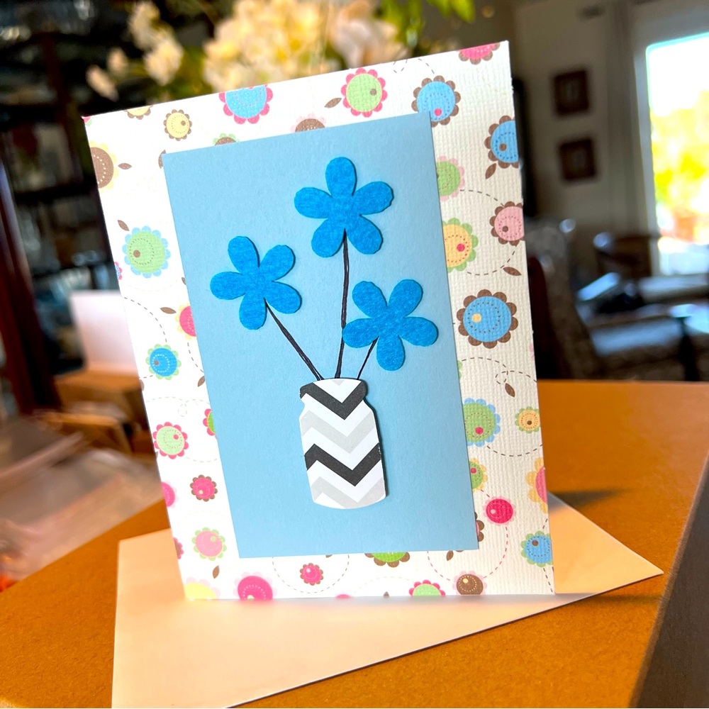 BLUE Flower in Vase Embellished Greeting Card